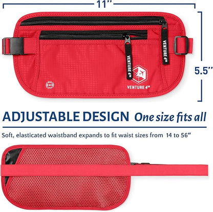 VENTURE 4TH Travel Money Belt - Slim Passport Holder RFID Blocking Travel Pouch to Protect Cash, Credit Cards and Travel Documents (Red)