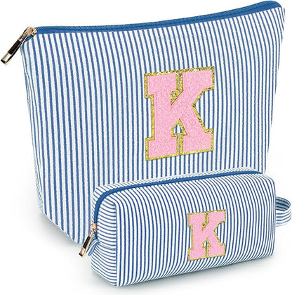 mibasies 2 PCS Initial Makeup Bags for Women: - Birthday Gifts for Teen Girls 11 12 13 14 15 16 Years Old - Preppy Trendy Stuff - Cosmetic Bag for Travel Toiletry - Blue K
