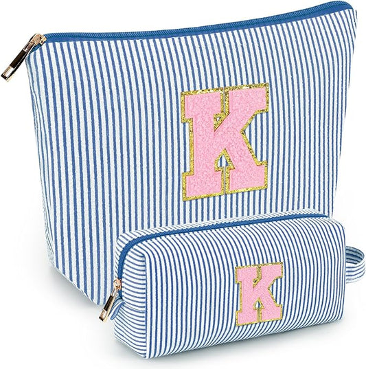 mibasies 2 PCS Initial Makeup Bags for Women: - Birthday Gifts for Teen Girls 11 12 13 14 15 16 Years Old - Preppy Trendy Stuff - Cosmetic Bag for Travel Toiletry - Blue K