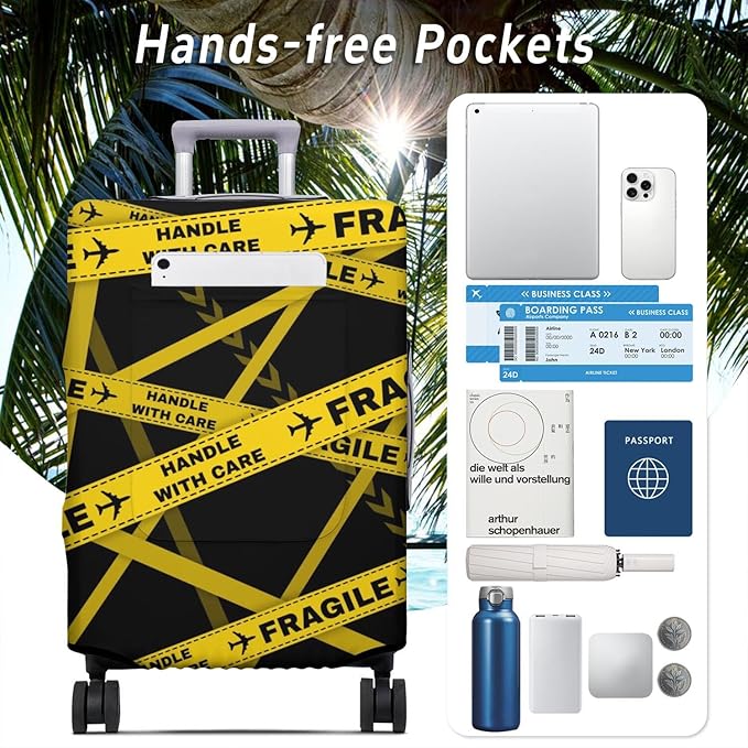 Gold Fragile Travel Luggage Cover, Travel-Themed Suitcase Protector Stretchable, Washable Travel Suitcase Cover (L for 25-28 Inch Luggage)