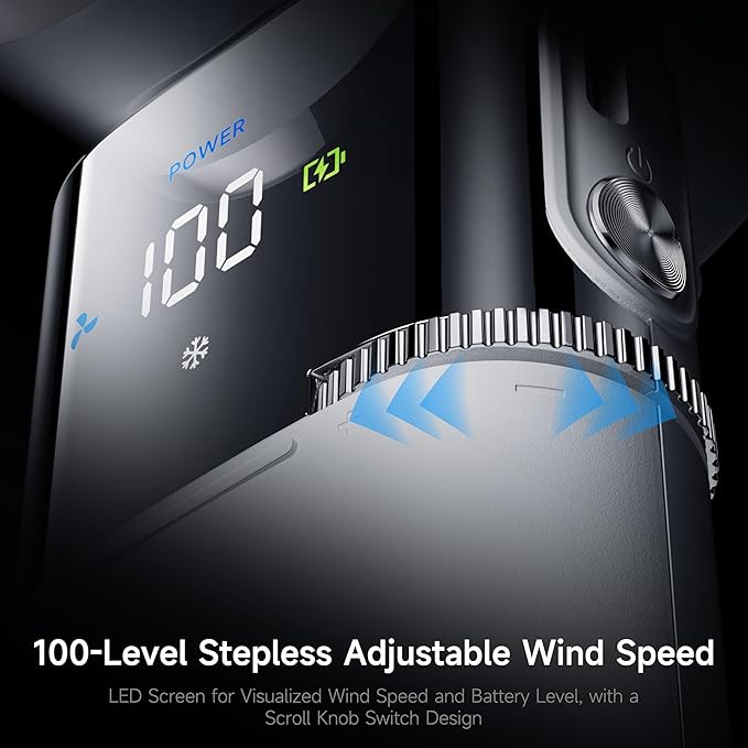 Portable Handheld Turbo Fan with Ice Cooling, 9000mAh Rechargeable Personal Fan, 100-Speed Wind, Built-in Type-C Cable, LED Display,135° Tilt Foldable for Desk/Neck/Travel-Black