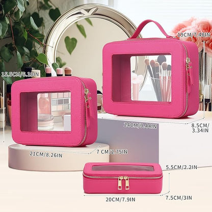 Pinkmik Clear Makeup Bag with Brush Bag 3pcs Waterproof Travel Case for Cosmetics and Toiletries Women's Makeup Organizer with Zipper (X/Fuxia, L+M+SLIM)