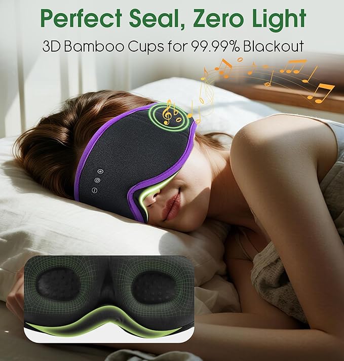 LC-dolida 2 Pack Bluetooth Sleep Mask, Bamboo Cotton 3D Blackout Contoured Bluetooth Sleep Headphones, Sleeping Eye Mask with 5.4 Bluetooth Headphones, Eye Sleep Mask for Side Sleepers, Black