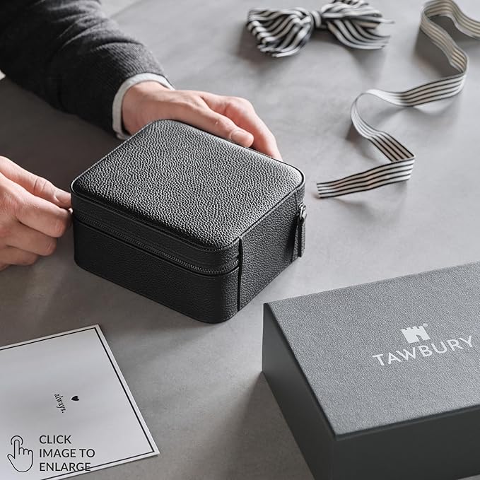 TAWBURY Watch Case - 4 Slot Genuine Top-Grain Leather Watch Box for Men & Women with Extra Wide Pillows for Large Watches - Portable Wristwatch Storage for Home & Travel (Black)