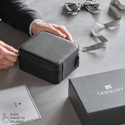 TAWBURY Watch Case - 4 Slot Genuine Top-Grain Leather Watch Box for Men & Women with Extra Wide Pillows for Large Watches - Portable Wristwatch Storage for Home & Travel (Black)