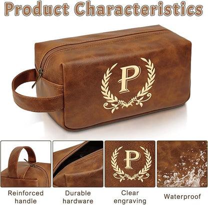 Leather Toiletry Bag Men Personalized Waterproof Shaving Bag, Travel Gift for Men Women with Initials A-Z (P)