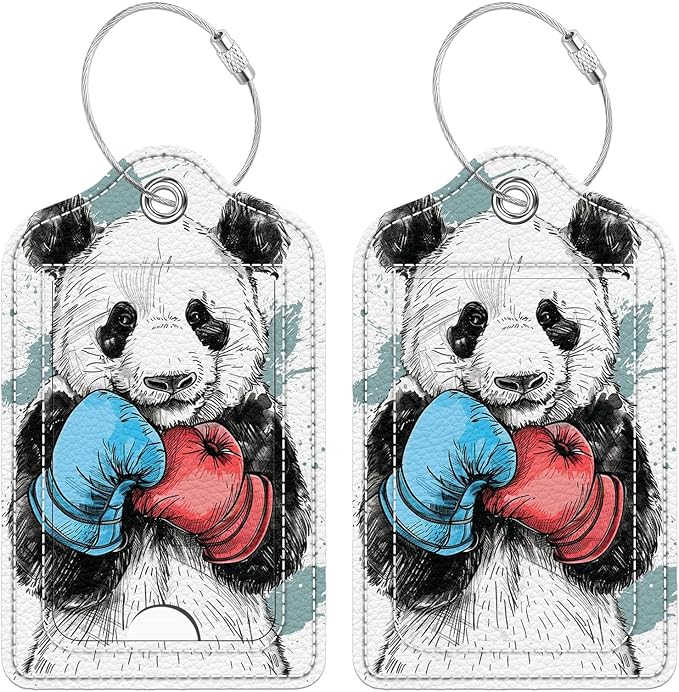 Funny PU Leather Luggage Tags 2-Pack Cool Boxing Panda Cute Pattern Suitable for Suitcase Stainless Steel Loop and Address Card Essential for Cruise and Airport Travel for Men and Women