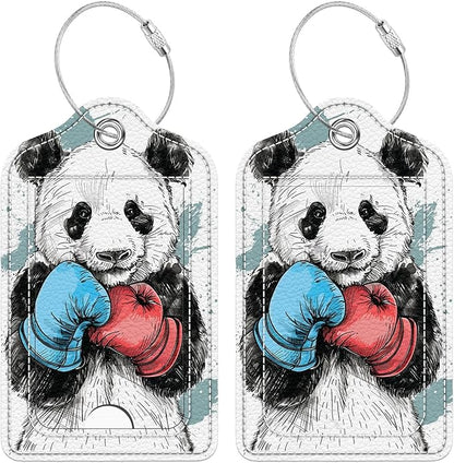 Funny PU Leather Luggage Tags 2-Pack Cool Boxing Panda Cute Pattern Suitable for Suitcase Stainless Steel Loop and Address Card Essential for Cruise and Airport Travel for Men and Women