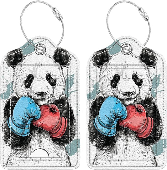 Funny PU Leather Luggage Tags 2-Pack Cool Boxing Panda Cute Pattern Suitable for Suitcase Stainless Steel Loop and Address Card Essential for Cruise and Airport Travel for Men and Women
