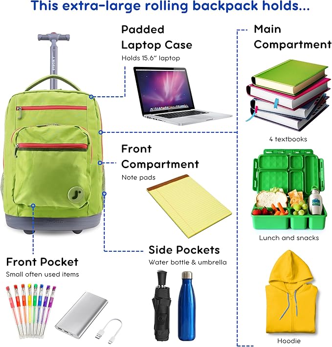 J World Sundance Laptop Rolling Backpack for Girls Boys. Roller Bookbag with Wheels, Celery