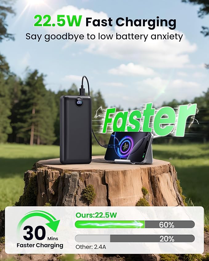 Portable Charger Power Bank 50000mAh 22.5W Fast Charging Battery Bank USB C External Battery Pack with 3 Output & 2 Input Digital Display for iPhone 17/16/15/14/13/12, Samsung etc Black