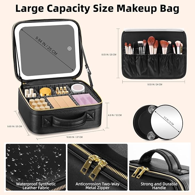 Travel Makeup Bag with Mirror of LED Lighted, Makeup Train Case with Adjustable Dividers, Makeup Case with Mirror and Detachable 10x Magnifying Mirror