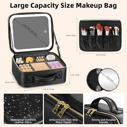 Travel Makeup Bag with Mirror of LED Lighted, Makeup Train Case with Adjustable Dividers, Makeup Case with Mirror and Detachable 10x Magnifying Mirror