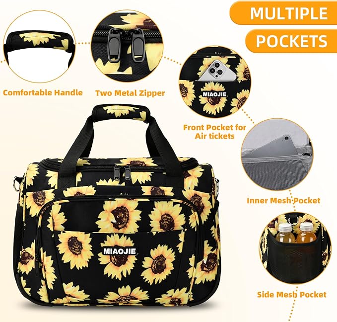 Underseat Carry On Luggage Lightweight Travel Tote Weekender Bag Overnight Duffle Bag for Travel, Travel Essentials Personal Item Travel Bag for Women and Men, Sunflower-16Inch