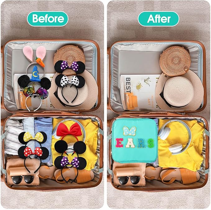 Chenille Letter Bow Mouse Ears Travel Case, Park Ears Headband Holder Hair Accessories Organizer Bag for Girls Women Kids Adults, Large Makeup Bag Snack Bags with Zipper for Travel Picnic - Cyan