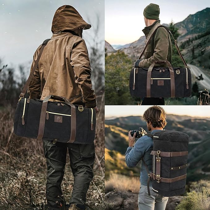 Duffle Bag for Travel, 50L Canvas Duffle Bag Vintage Travel Bag Overnight Bag with Shoes Compartment Men (Black)