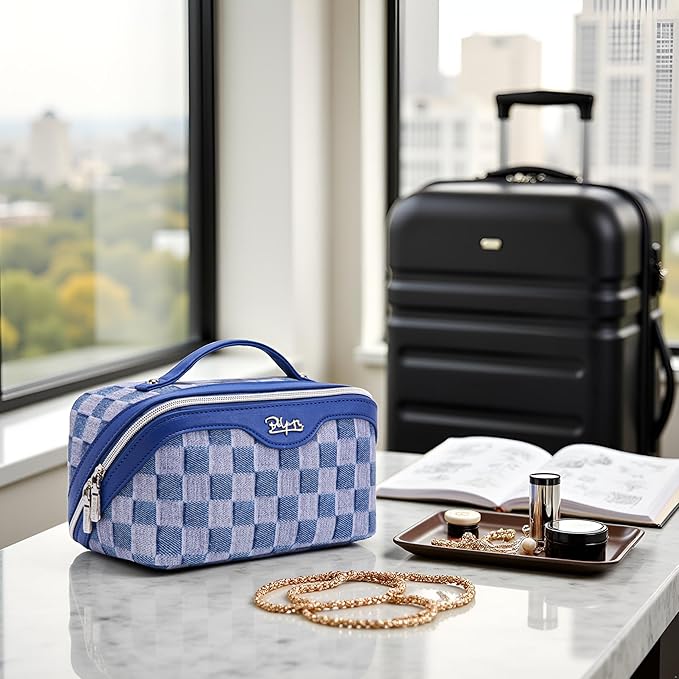 BOYATU Travel Makeup Bag for Women: Large Cosmetic Bag Set of 3 - PU Leather Make up Bag with Compartments - Compact Waterproof Toiletry Bag with Divider & Handle (D-1-Blue)