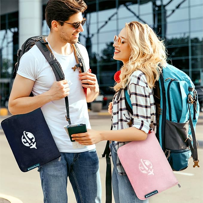 PAVILIA Travel Blanket and Pillow, Arms Opening Airplane Blankets for Adults, Compact Plane Blanket with Arm Hole 2-in-1 Bag for Flight Car Camping Fit in Luggage Backpack Traveler Gift, Navy Blue