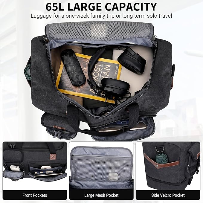 WITZMAN Duffle Bag for Men 50L Canvas Weekender Overnight Bag with Toiletry Bag Sets Travel Duffel Bag Shoes Compartment（A8010-2 Classic Black）