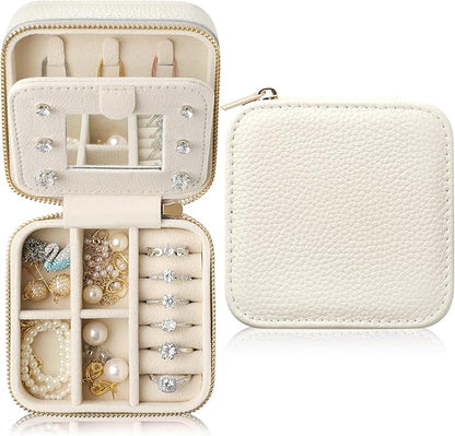 Genuine Leather Travel Jewelry Case Organizer with Mirror for Women, Small Jewelry Box Portable Mini Jewelry Case for Earring, Ring, Necklace, Bracelet（Lychee Grain Ivory White）