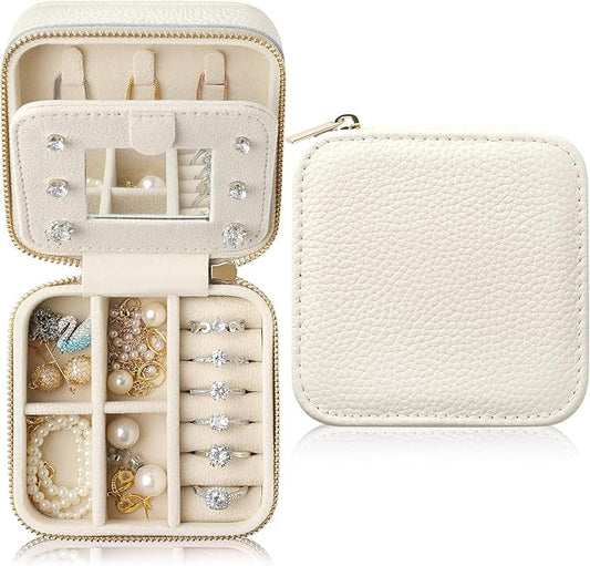 Genuine Leather Travel Jewelry Case Organizer with Mirror for Women, Small Jewelry Box Portable Mini Jewelry Case for Earring, Ring, Necklace, Bracelet（Lychee Grain Ivory White）