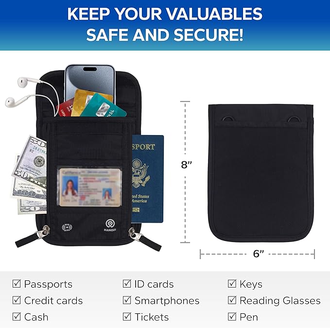 Travel Neck Wallet – Travel pouch and RFID Blocking Passport Holder for Women and Men - Slim Travel Wallet to Keep Your Cash, Passport, Credit Cards Safe. Easy to Conceal Passport Wallets.