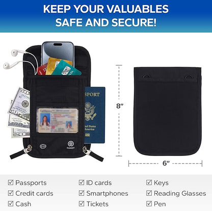 Travel Neck Wallet – Travel pouch and RFID Blocking Passport Holder for Women and Men - Slim Travel Wallet to Keep Your Cash, Passport, Credit Cards Safe. Easy to Conceal Passport Wallets.