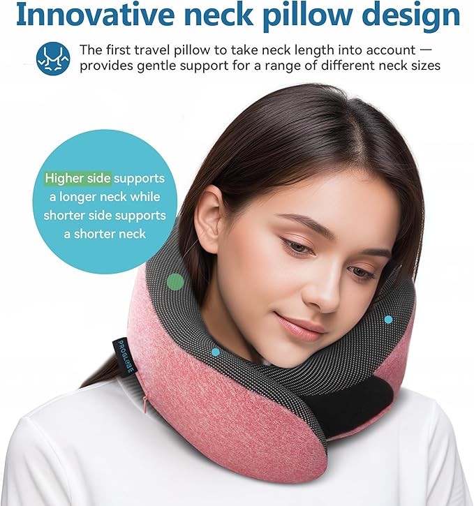 Proglobe Pink Airplane Travel Pillow Set, 100% Pure Memory Foam Neck Pillow, Updated Material, Long Flight Travel Kit with 3D Contoured Eye Masks, Earplugs, and Luxury Bag