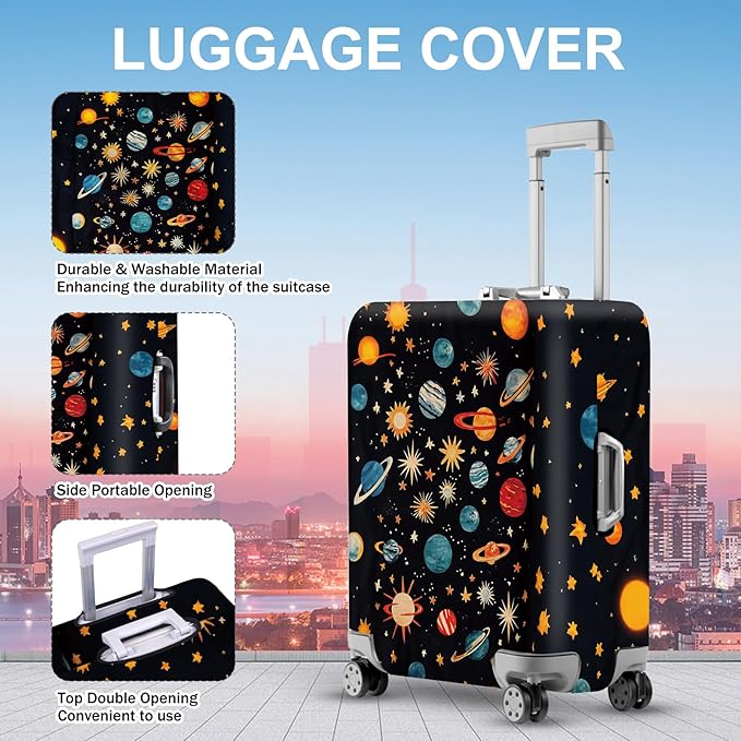 ANNA QUEEN Galactic Planets Luggage Cover, Cosmic Planets & Stars Design, Stretchable, Washable Travel Sleeve for 20-34 Inch Luggage