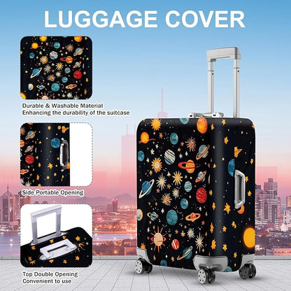 ANNA QUEEN Galactic Planets Luggage Cover, Cosmic Planets & Stars Design, Stretchable, Washable Travel Sleeve for 20-34 Inch Luggage