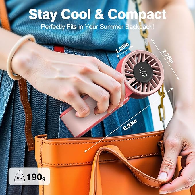 Portable Handheld Fan, 4000mAh Rechargeable, 6 Speed Settings, LCD Display, 3-in-1 Foldable Mini Desk Fan with Lanyard (Pink)