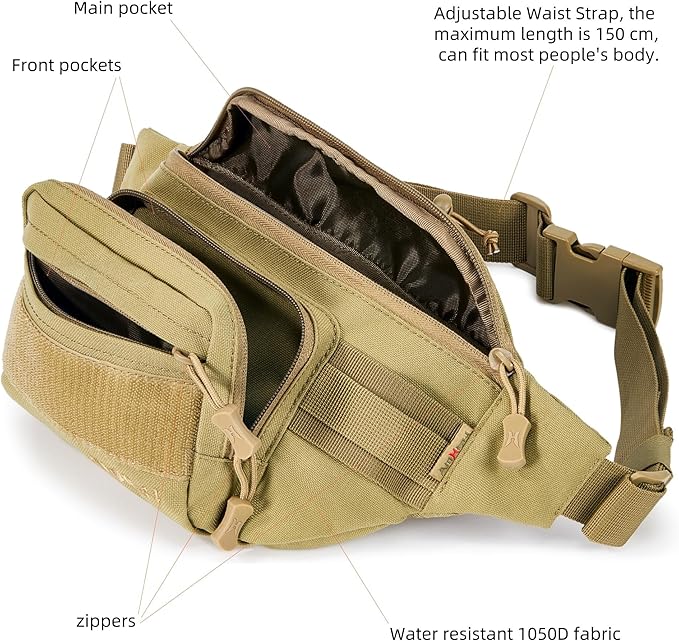 3.5L Military Tactical Fanny Pack | Molle, Quick Access, EDC, Hiking, Travel, Fit Most Men's Waist (Tan)