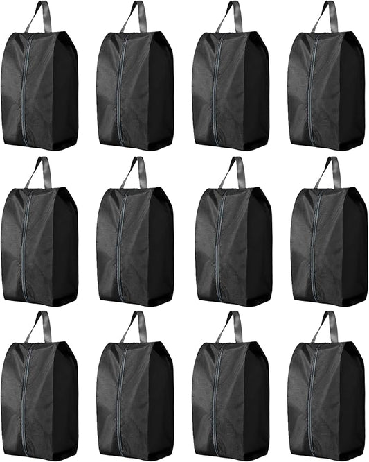 Travel Shoe Bags, Set of 12, Large Oxford Fabric Storage Bags with Zipper and Handle, Water-Resistant Pouches (Black)