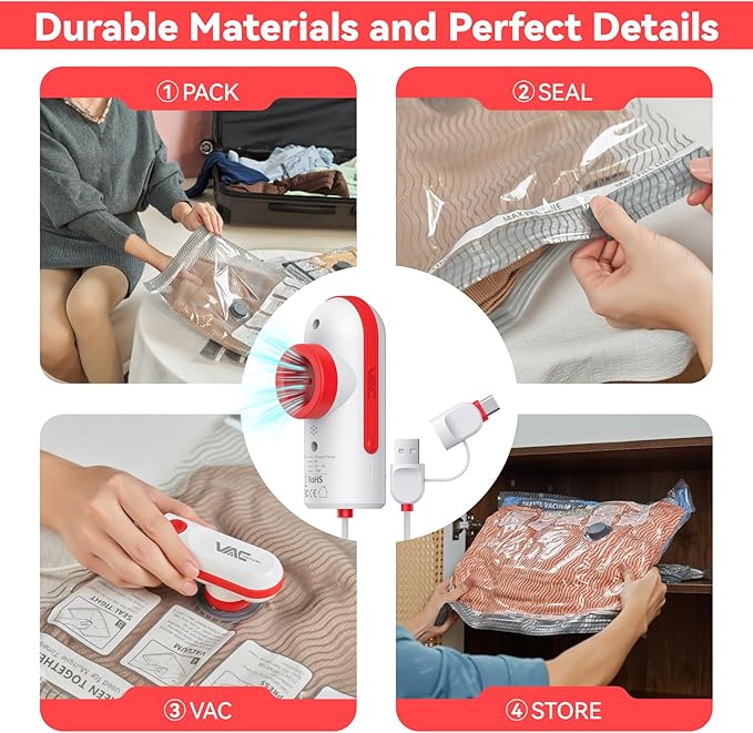 12 Pack Travel Vacuum Bags for Clothing with USB and TYPE C Pump, Compression Seal Packing Cubes for Luggage Suitcase Backpack, Carry-on Size Space Saver Storage Bags for Vacation Cruise（Red）