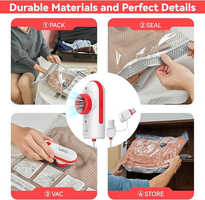 12 Pack Travel Vacuum Bags for Clothing with USB and TYPE C Pump, Compression Seal Packing Cubes for Luggage Suitcase Backpack, Carry-on Size Space Saver Storage Bags for Vacation Cruise（Red）
