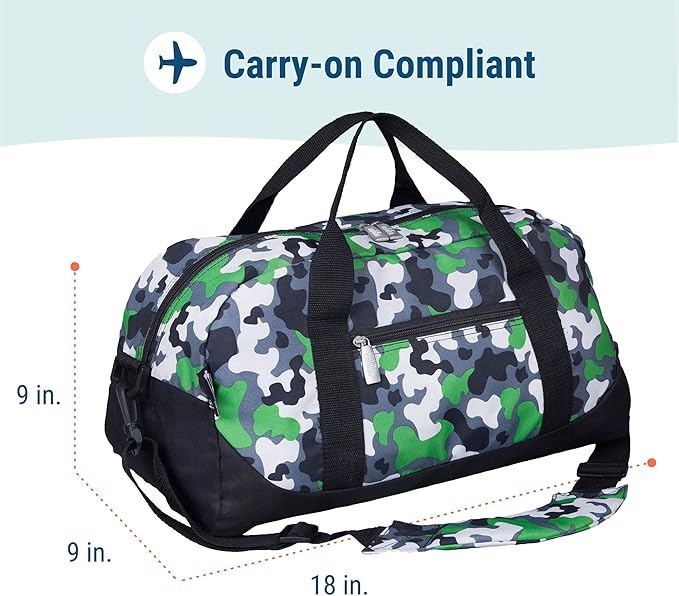 Wildkin Kids Overnighter Duffel Bag – Carry-On Size, Ideal for School & Sleepovers – Green Camo