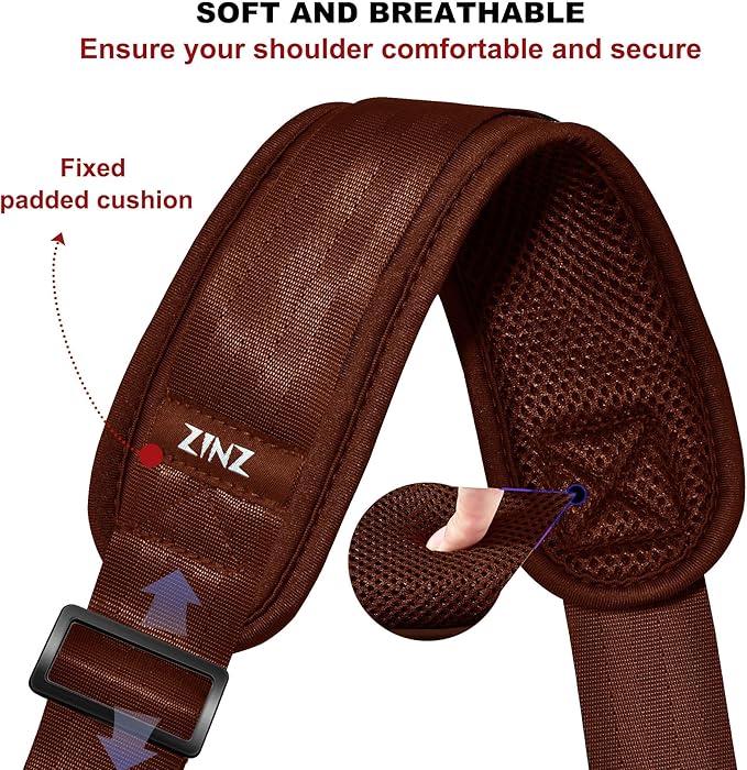 ZINZ 74" Shoulder Strap with Fixed Pad and Dual Balanced Buckles，Brown