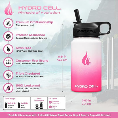 HYDRO CELL Stainless Steel Insulated Water Bottle with Straw - For Cold & Hot Drinks - Metal Vacuum Flask with Screw Cap and Modern Leakproof Sport Thermos for Adults (White/Pink 14oz)