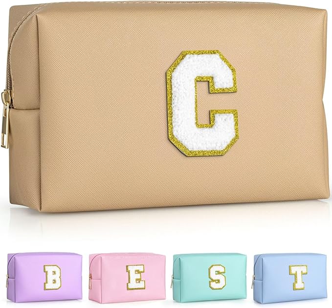 TOPEAST Gifts for Friends Female Mom, Cute Makeup Bag Small Pink Cosmetic Bag Travel Toiletry Bag, Personalized Birthday Gift for Women Girl, Preppy Travel Stuff for Girls (Khaki C)