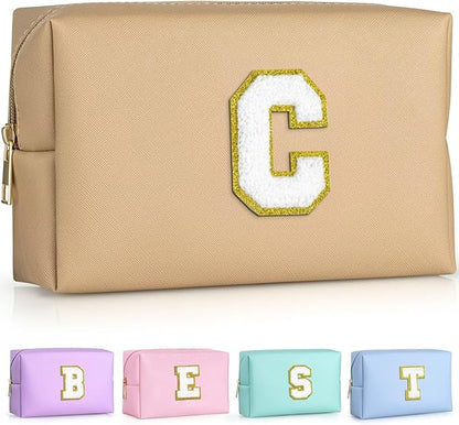 TOPEAST Gifts for Friends Female Mom, Cute Makeup Bag Small Pink Cosmetic Bag Travel Toiletry Bag, Personalized Birthday Gift for Women Girl, Preppy Travel Stuff for Girls (Khaki C)