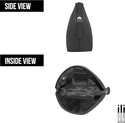 ili New York Genuine Leather Cosmetic Pouch – RFID Blocking, Leather Makeup Bag for Purse with Top Zip Closure & Interior Zip Pocket, Perfect as a Compact and Stylish Travel Cosmetic Bag