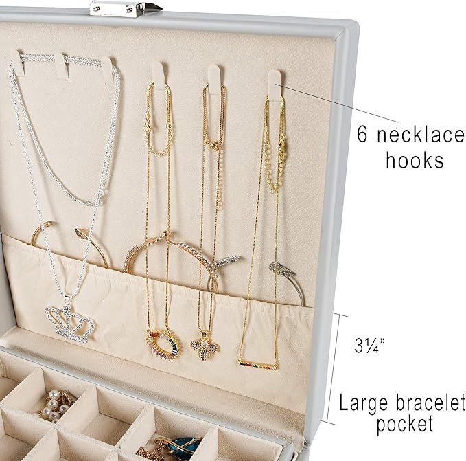 Frebeauty Earring Organizer Classic Jewelry Box 50 Slots Double Layer Jewelry Storage Case with 6 Necklace Hook and Bracelet Pocket(Grey)