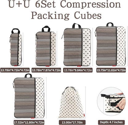 U+U 6 Set Compression Packing Cubes - Ultralight Travel Organizers with Laundry Bag, Space-Saving Suitcase Organizer, Expandable Packing Cubes for Travel, Business Trip and Family Vacation (Polka Dot)