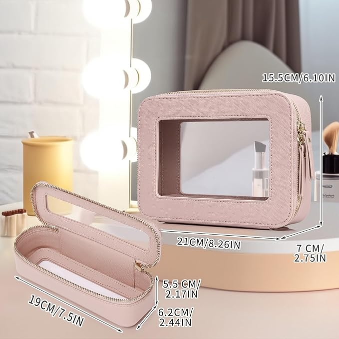 Pinkmik Travel Clear Makeup Bag with Brush Case TSA Approved Toiletry Bag Waterproof Cosmetic Organizer with Zipper Car Essential for Women (Pink, M+SLIM)
