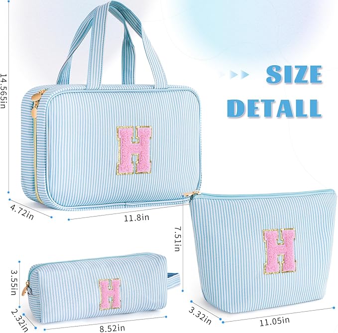 Birthday Gifts for Her - Personalized Friend Gifts - 3 Pieces Toiletry Bag Makeup Bag Cosmetic Bags for Women Travel Wedding Bridesmaid Gifts Teacher Gifts for Women - Blue H