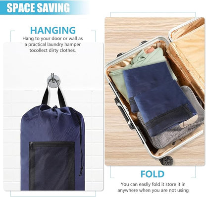 Portable with Adjustable Shoulder Straps Travel Dirty Laundry Bag,with Drawstring Closure & Mesh Pocket Backpack Laundry Bag for College,Apartment,Camping(Dark Blue)