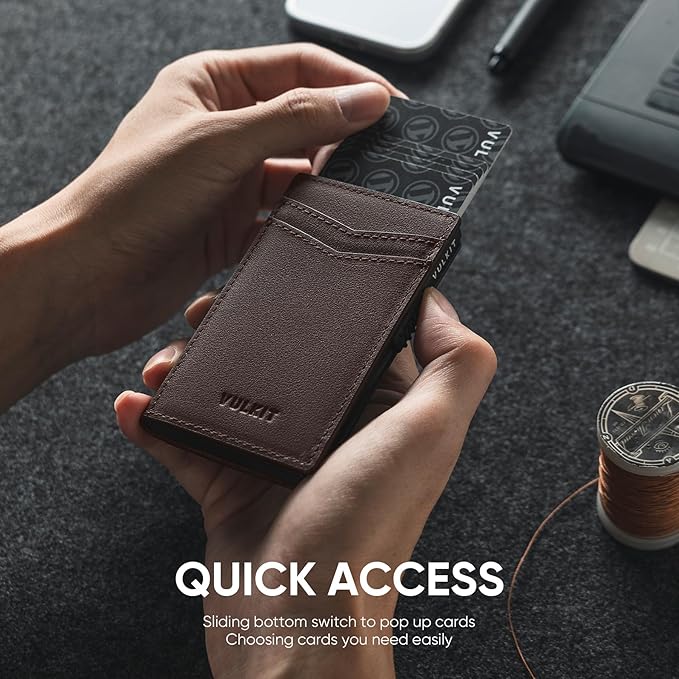 VULKIT Men's Slim Wallet Pop Up Card Holder RFID Blocking Metal Wallet Minimalist Design Holds Up to 11 Cards, Nappa Leather
