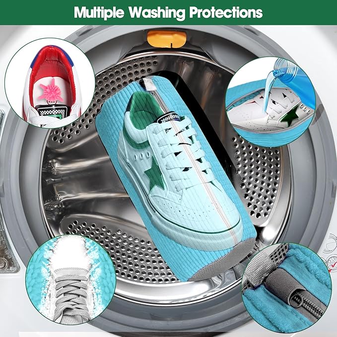 Shoe Washing Machine Laundry Bag - 2 Pack Sneaker Cleaner Kit for Gym Athletic Shoes and Canvas Flats with Zipper Protection Design, 10 Washer Balls, Large Size for Women's, Men's, and Kid's Footwear