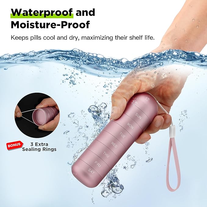 [2 Pack] Zannaki Metal Travel Pill Organizer, Portable Waterproof Weekly Pill Box, Large Aluminum Alloy Pill Case Container, BPA Free 7 Day Daily Medicine Organizer Holder for Vitamin, Supplement