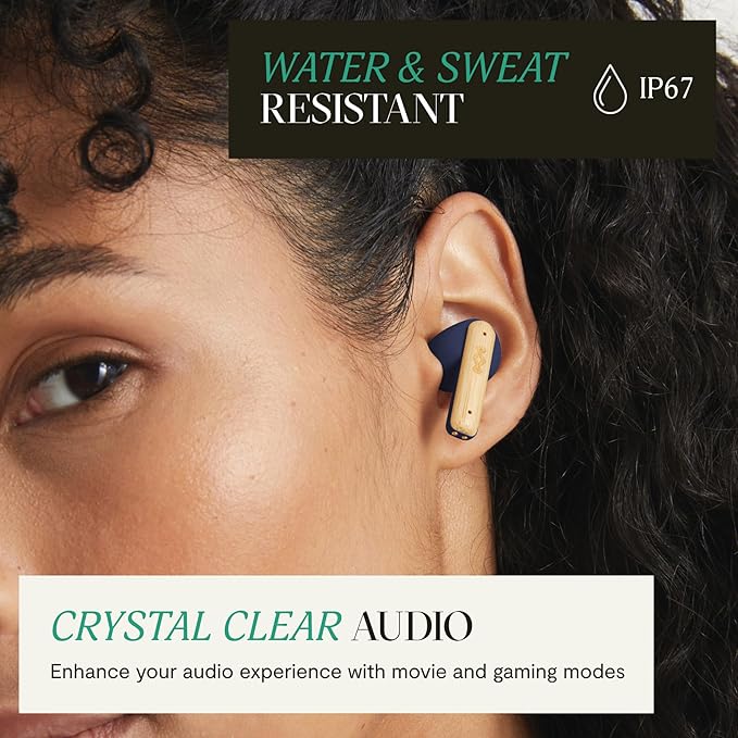 House of Marley Little Bird True Wireless Earbuds, Touch Controls, Built-in Mic, 24 Hours Playtime with Case, USB-C Quick Charge, Sustainable Materials, Movie and Gaming Mode (Blue)